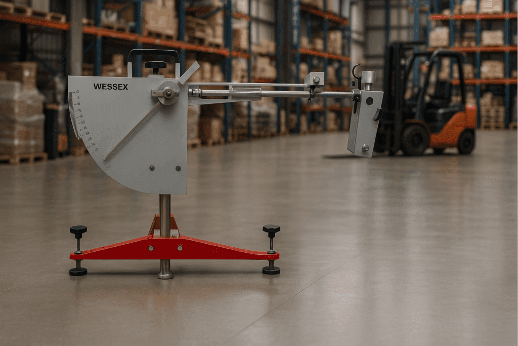 Industrial Slip Resistance: Dust, Boots & Coating Drift (AS 4663:2013) 10 A Wessex pendulum tester positioned on a textured concrete or resin floor in an industrial warehouse