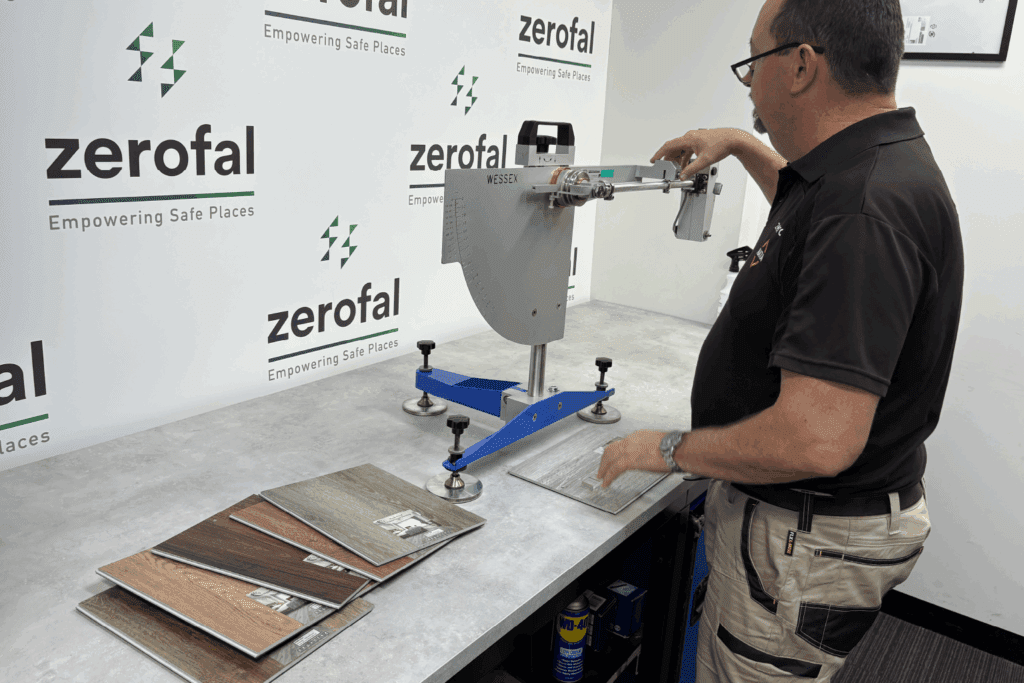 Why One Slip Test Isn’t Enough for Product Lines (AS 4586:2013) 9 A clean, organised layout of multiple tile samples in different colours and finishes beside a Wessex pendulum tester