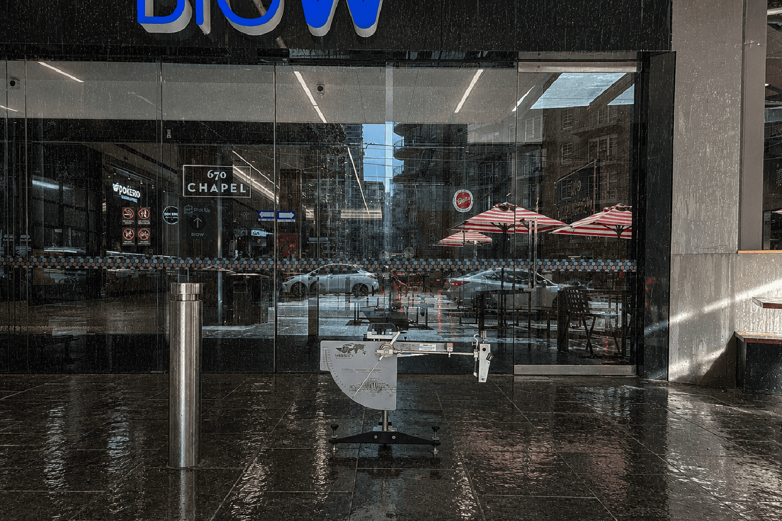Australian commercial building entrance on a rainy winter day