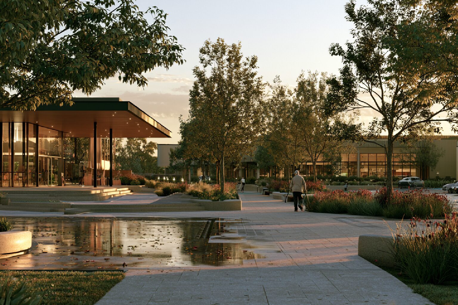 Council pedestrian precinct showing a wet entrance, ramp, footpath and car park route requiring risk-based prioritisation